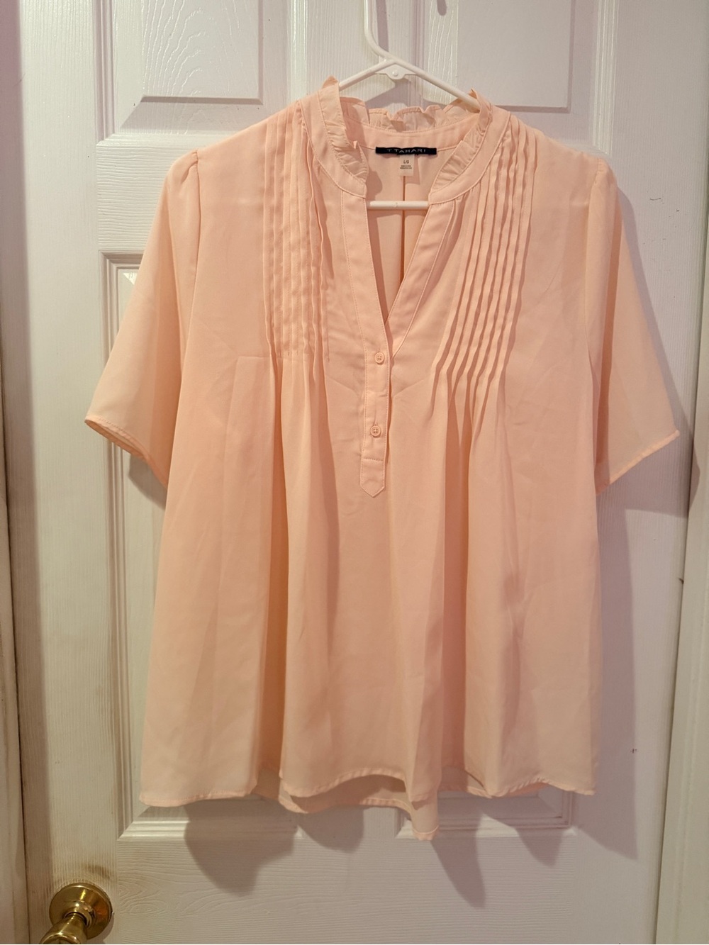 T Tahari Peach Pintuck Short-Sleeve Blouse